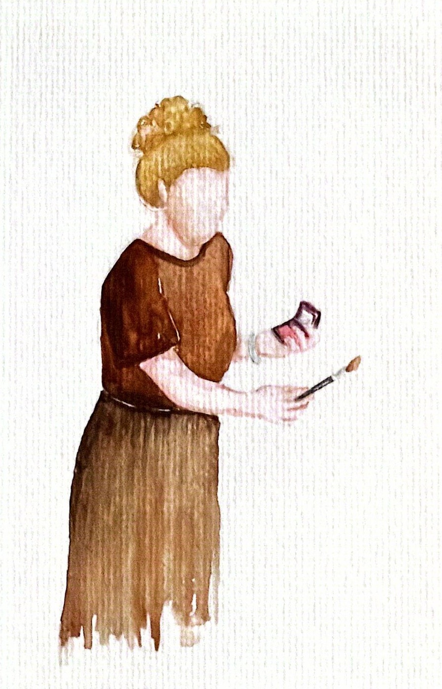 Ilustração em aquarela de Paula Kalisak aplicando maquiagem